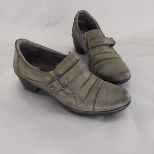 Easy Street Comfort Wave Loafers Women 8.5N Olive Grey Zipper Block Heel Ruched
